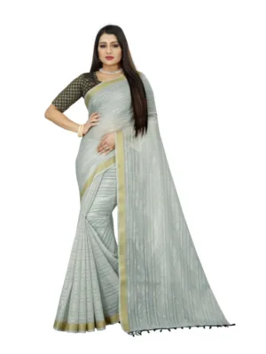 Generic Women's Cotton Blend Solid/Plain Saree With Unstitched Blouse 5.5Mtr (Light Blue)