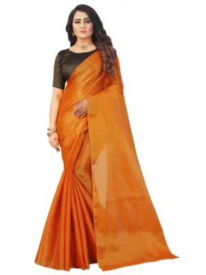 Generic Women's Cotton Silk Self Design Saree With Unstitched Blouse 5.5Mtr (Orange)