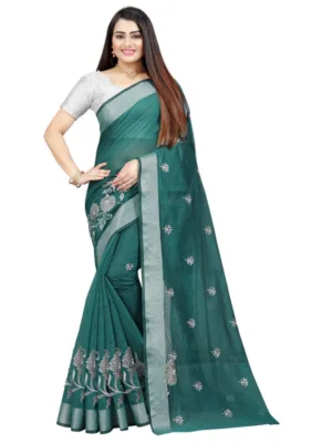 Generic Women's Cotton Silk Embroidered Saree With Unstitched Blouse 5.5Mtr (Dark Green)