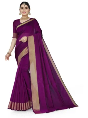 Generic Women's Cotton Silk Self Design Saree With Unstitched Blouse 5.5Mtr (Purple)