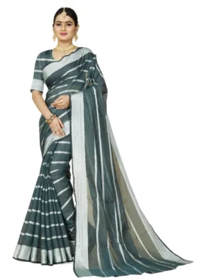 Generic Women's Cotton Silk Striped Saree With Unstitched Blouse 5.5Mtr (Dark Green)