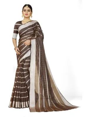 Generic Women's Cotton Silk Striped Saree With Unstitched Blouse 5.5Mtr (Brown)
