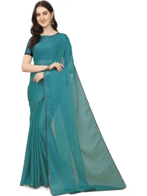 Generic Women's Silk Blend Embellished Saree With Unstitched Blouse 5.5Mtr (Blue)