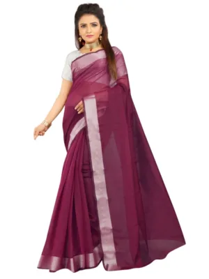 Generic Women's Cotton Silk Self Design Saree With Unstitched Blouse 5.5Mtr (Purple)