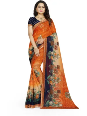 Generic Women's Georgette Floral Print Saree With Unstitched Blouse 5.5Mtr (Blue-Orange)