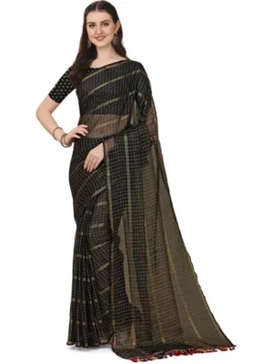 Generic Women's Silk Blend Checkered Saree With Unstitched Blouse 5.5Mtr (Black)