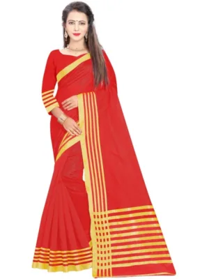 Generic Women's Jacquard Striped Saree With Unstitched Blouse 5.5Mtr (Red)
