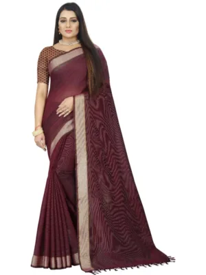Generic Women's Cotton Blend Solid/Plain Saree With Unstitched Blouse 5.5Mtr (Brown)