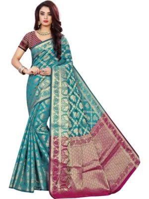 Generic Women's Jacquard Woven Saree With Unstitched Blouse 5.5Mtr (Light Blue)