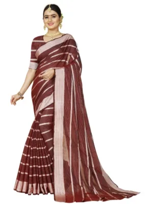 Generic Women's Cotton Silk Striped Saree With Unstitched Blouse 5.5Mtr (Red)