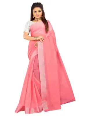 Generic Women's Cotton Silk Self Design Saree With Unstitched Blouse 5.5Mtr (Pink)