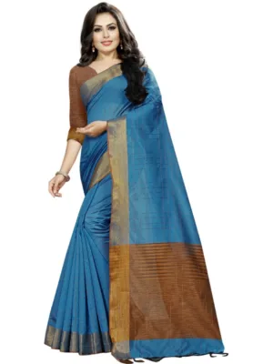 Generic Women's Cotton Silk Self Design Saree With Unstitched Blouse 5.5Mtr (Light Blue)