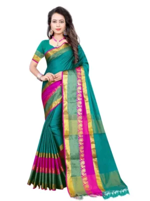 Generic Women's Jacquard Woven Saree With Unstitched Blouse 5.5Mtr (Dark Green)