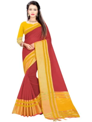 Generic Women's Jacquard Striped Saree With Unstitched Blouse 5.5Mtr (Red)