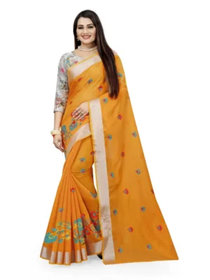 Generic Women's Cotton Silk Embroidered Saree With Unstitched Blouse 5.5Mtr (Yellow)