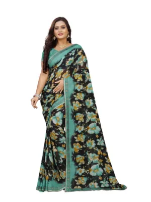 Generic Women's Georgette Floral Print Saree With Unstitched Blouse 5.5Mtr (Blue-Black)
