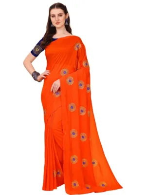 Generic Women's Silk Blend Embroidered Saree With Unstitched Blouse 5.5Mtr (Orange)