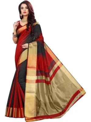 Generic Women's Jacquard Woven Saree With Unstitched Blouse 5.5Mtr (Red-Black)
