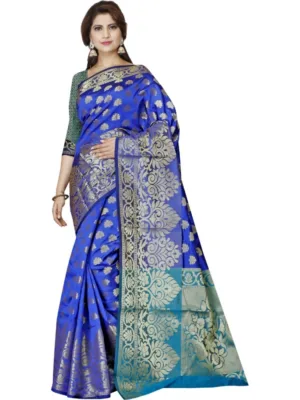 Generic Women's Jacquard Woven Saree With Unstitched Blouse 5.5Mtr (Dark Blue)