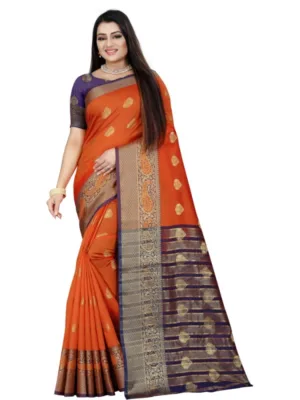 Generic Women's Silk Blend Woven Saree With Unstitched Blouse 5.5Mtr (Purple-Orange)