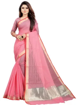 Generic Women's Cotton Silk Checkered Saree With Unstitched Blouse 5.5Mtr (Pink)