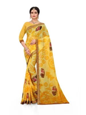 Generic Women's Georgette Floral Print Saree With Unstitched Blouse 5.5Mtr (Yellow)