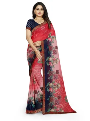 Generic Women's Georgette Floral Print Saree With Unstitched Blouse 5.5Mtr (Red-Blue)