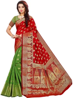 Generic Women's Jacquard Woven Saree With Unstitched Blouse 5.5Mtr (Red)