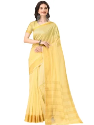Generic Women's Cotton Silk Striped Saree With Unstitched Blouse 5.5Mtr (Yellow)