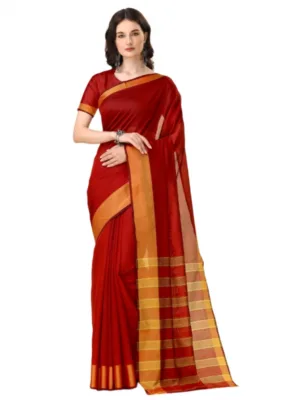 Generic Women's Cotton Silk Striped Saree With Unstitched Blouse 5.5Mtr (Red)