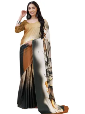 Generic Women's Crepe Digital Print Saree With Unstitched Blouse 5.5Mtr (Brown)