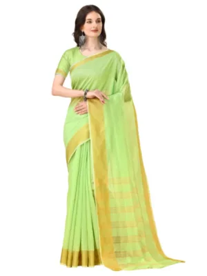 Generic Women's Cotton Silk Striped Saree With Unstitched Blouse 5.5Mtr (Green)