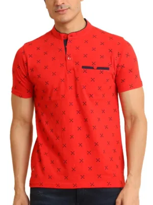 Generic Men's Casual Cotton Printed Mandarin Collar Half Sleeve T-Shirt (Red)
