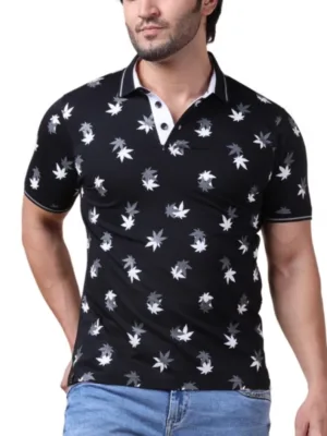 Generic Men's Casual Cotton Printed Polo Neck Half Sleeve T-Shirt (Black)