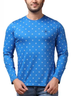 Generic Men's Casual Cotton Printed Round Neck Full Sleeve T-Shirt (Blue)