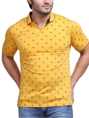 Generic Men's Casual Cotton Printed Polo Neck Half Sleeve T-Shirt (Mustard)