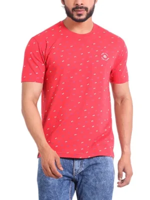 Generic Men's Casual Cotton Printed Round Neck Half Sleeve T-Shirt (Red)