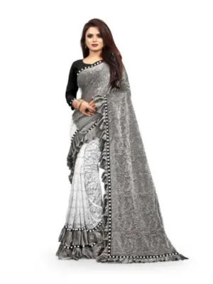 Generic Women's Silk With Mirror Lace Solid Saree With Unstitched Blouse (Grey, 5-5 Mtrs)