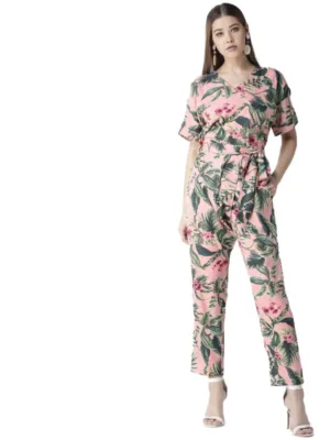 Generic Women's Polyester Floral Half Sleeve Jumpsuit (Pink)