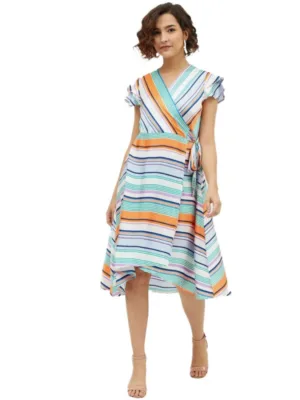 Generic Women's Satin Striped Short Sleeve Knee-Length Dress (Multicolor)