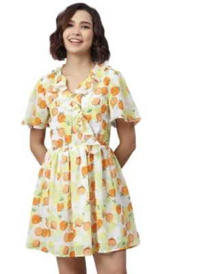 Generic Women's Polyester Printed Flutter Above Knee Dress (Yellow - Orange)