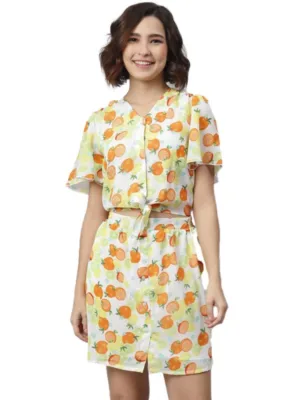 Generic Women's Polyester Printed Flutter Above Knee Dress (Orange - Yellow)