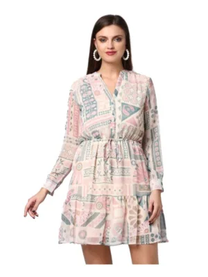Generic Women's Polyester Printed Long Sleeves Above Knee Dress (Light Pink - Off White)