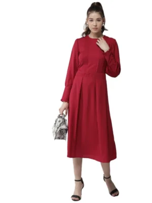 Generic Women's Polyester Pintuck Long Sleeves Below Knee Dress (Red)