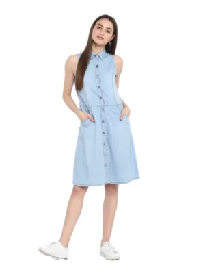 Generic Women's Denim Solid Sleeveless Below Knee Dress (Blue)