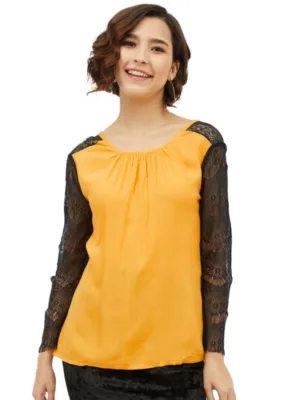 Generic Women's Rayon Lace Inserts Long Sleeves Top (Yellow)