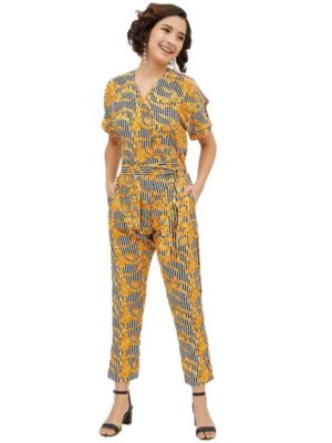 Generic Women's Polyester Printed Half Sleeve Long Jumpsuit (Yellow)