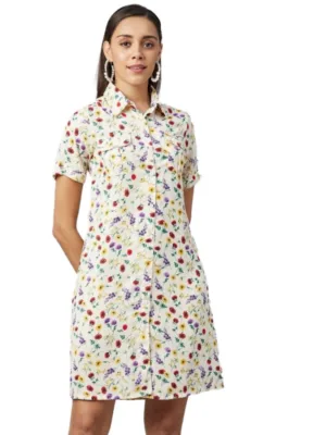 Generic Women's Polyester Floral Short Sleeve Above Knee Dress (Multicolor)