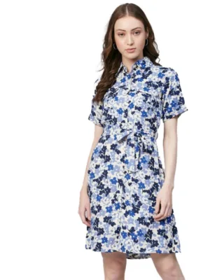 Generic Women's Polyester Floral Short Sleeve Above Knee Dress (Blue - White)