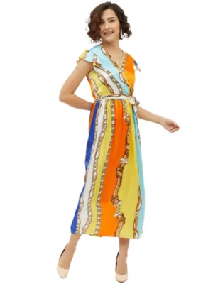 Generic Women's Satin Chain Print Cap Sleeve Calf-length Dress (Multicolor)